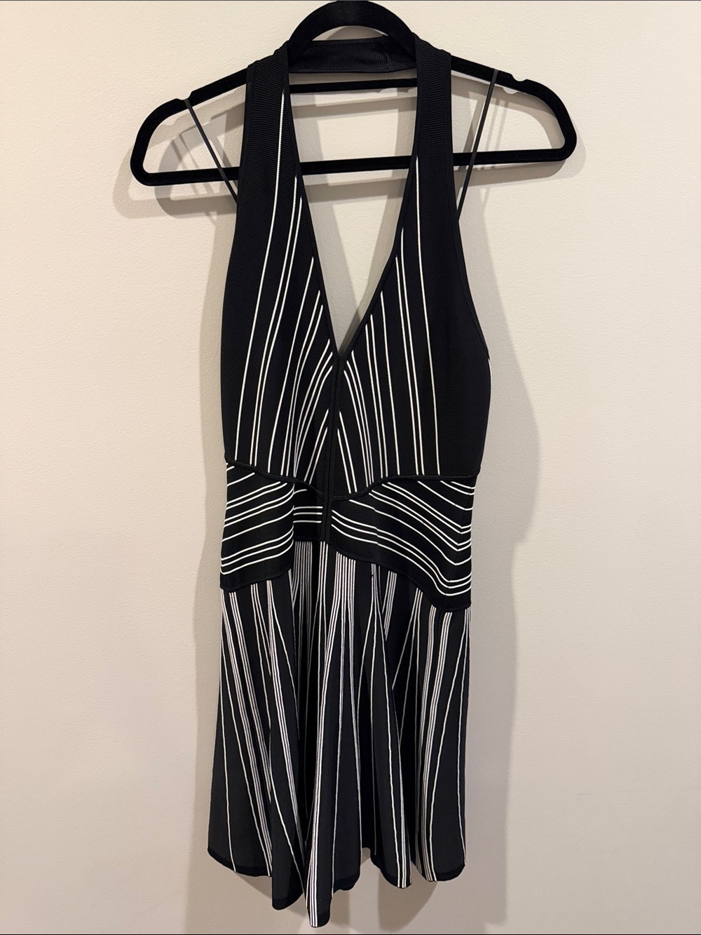 Diane Von Furstenberg Black and White Striped Halter V-Neck Mini Dress